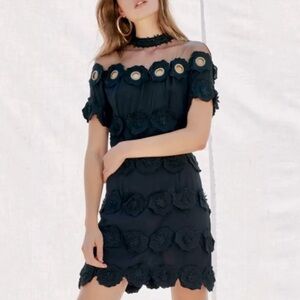 Free People Mini Dress Black Crepe Appliqué Grommet Mesh Neckline